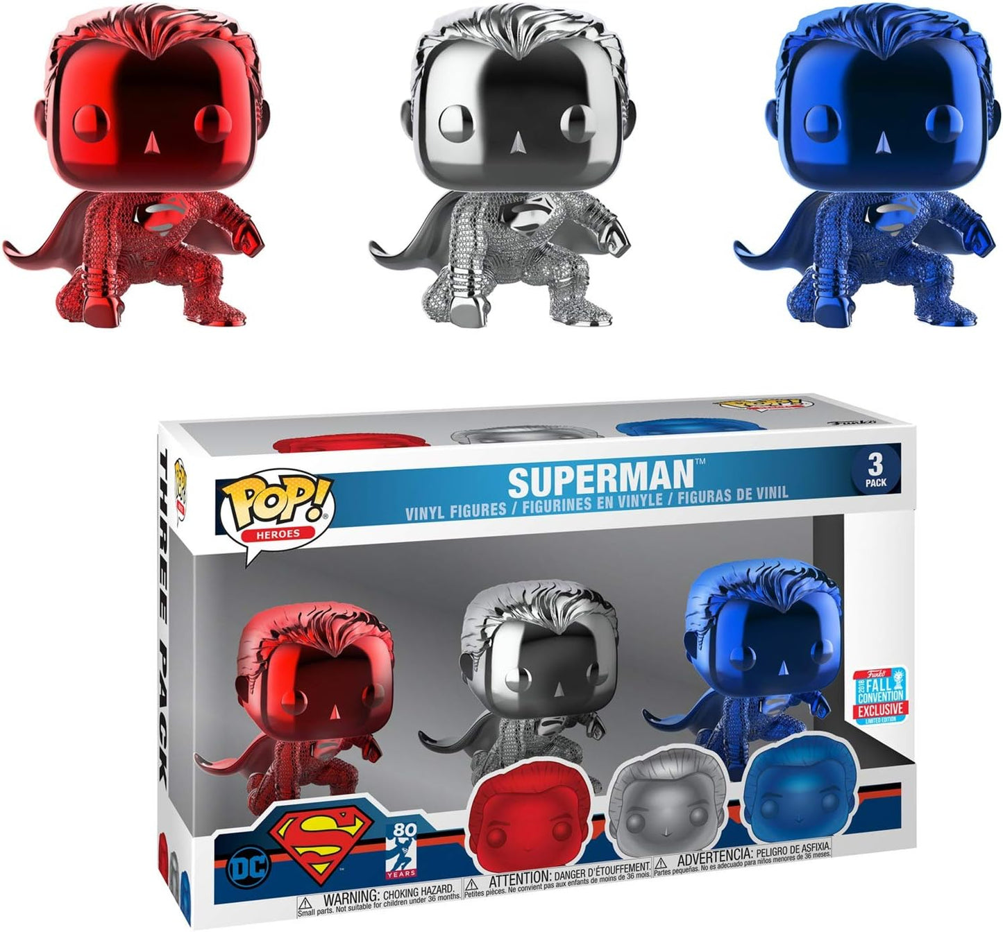 Funko POP! DC Heroes Superman 3-Pack Red, White and Blue Chrome Superman (Justice League) 2018 Fall Convention Exclusive