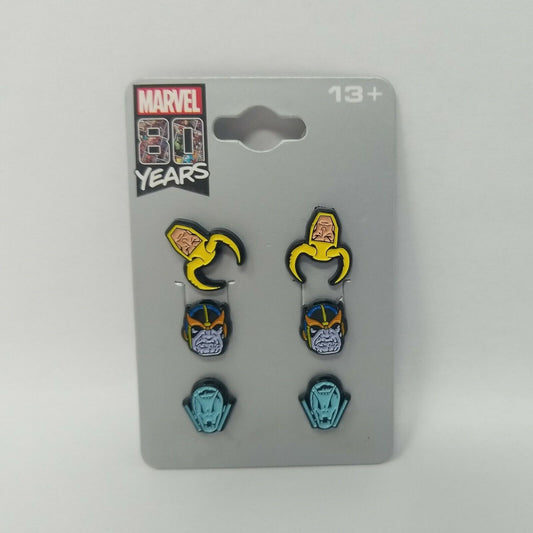 Marvel 80 Years Anniversary Avengers Stud Earrings Loki, Thanos, Ultron 3 Pack
