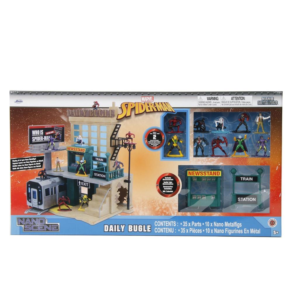 Jada Toys Marvel Spider-Man Daily Bugle Nano Scene & 10 Action Figures, Spiderman Playset